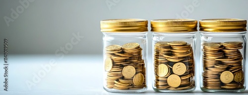 Gold coins and seed in clear bottle on white backgroundBusiness photo