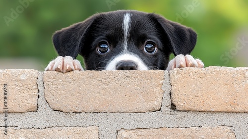 A small black and white dog peeking over a brick wall