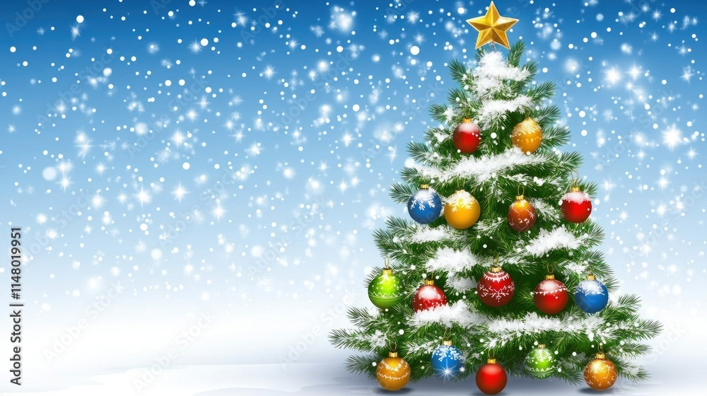 Obraz premium Snowy Christmas tree with colorful ornaments and star.