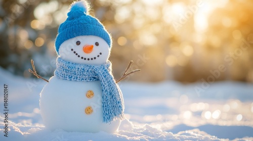 Happy smiling snowman with a blue hat and scarf, standing on white snow in a winter landscape. AI generated illustration.