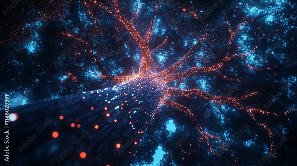 Illuminated tree branches create a magical atmosphere in a night forest. Illuminated tree branches create a magical atmosphere in a night forest.