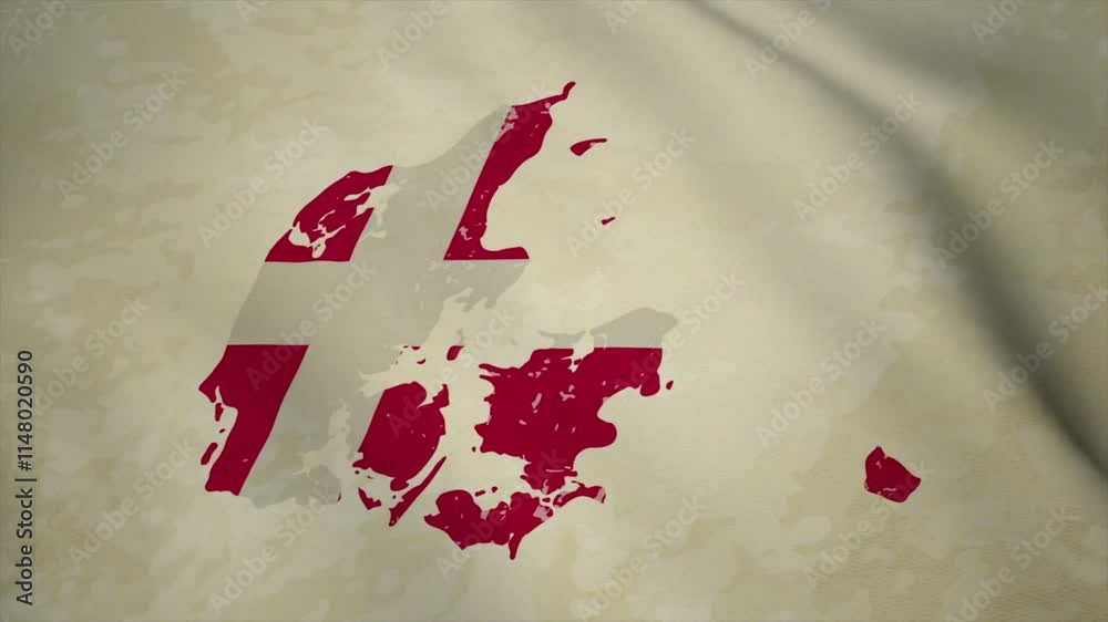 Wavy Map of DENMARK with Flag in Body Isolated on Vintage Background