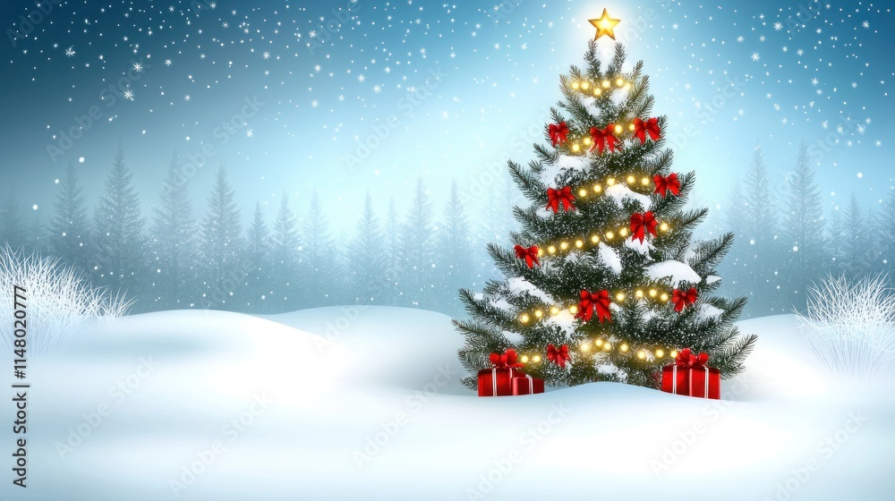 Snowy Christmas tree with lights and gifts. Snowy Christmas tree with lights and gifts.