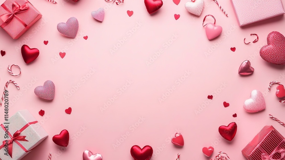 Valentines Day frame border of gifts heart shaped party props on pink background. Valentines Day frame border of gifts heart shaped party props on pink background.