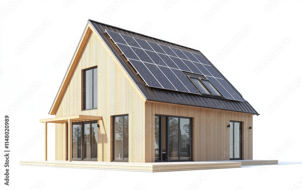 A single Scandinavian-style house with solar panels and clean lines, isolated on a white background A single Scandinavian-style house with solar panels and clean lines, isolated on a white background