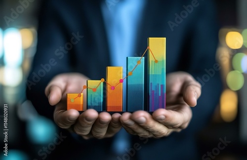 Businessman holding of bar graph with percentage financial banking increase interest rate or mortgage investment dividend from business growth concept photo