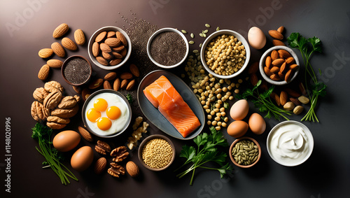 An assortment of protein-rich foods displayed on a matte black surface, including lean meats, fresh fish, eggs, nuts, lentils, beans, and seeds.