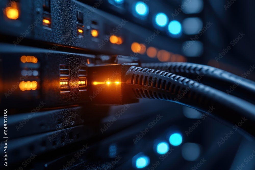 Naklejka premium Close-up of fiber optic cables connecting to a server rack, glowing orange, showing data transfer and networking technology.