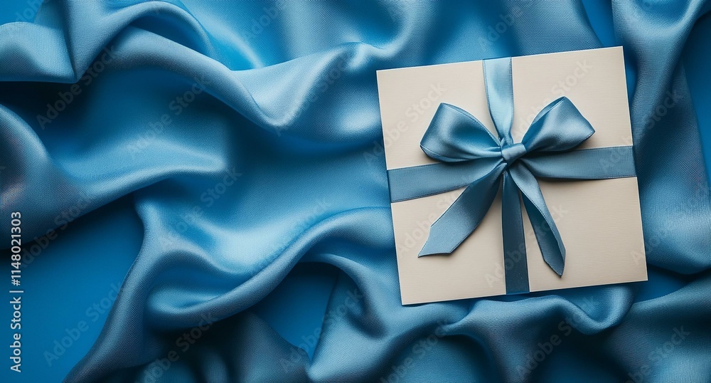 Gift card and gift box with ribbon and bow isolated on elegant blue fabrics background top view and copy space template useful for father Gift card and gift box with ribbon and bow isolated on elegant blue fabrics background top view and copy space template useful for father
