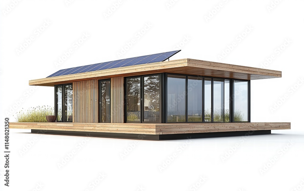 A single eco-house with solar panels on a flat roof, isolated on a white background A single eco-house with solar panels on a flat roof, isolated on a white background