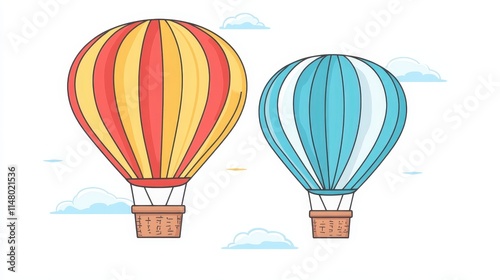 Two hot air balloons float in the sky, one larger with red and yellow stripes and the other smaller with blue and yellow stripes. The serene scene captures the beauty and tranquility of ballooning.