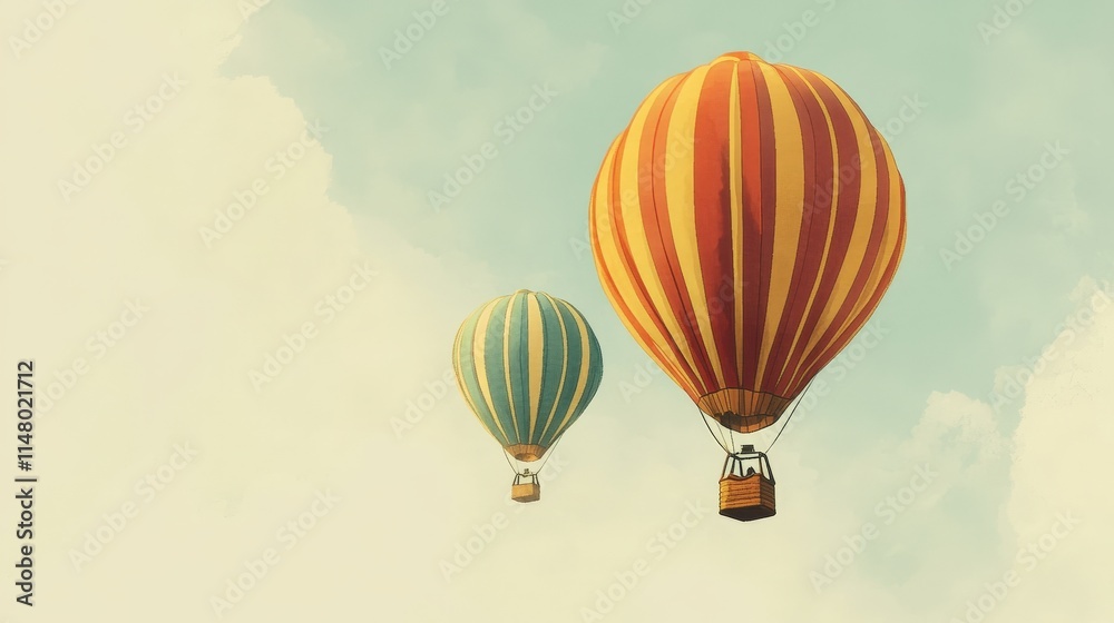 Fototapeta premium Two hot air balloons float in the sky, one larger with red and yellow stripes and the other smaller with blue and yellow stripes. The serene scene captures the beauty and tranquility of ballooning.