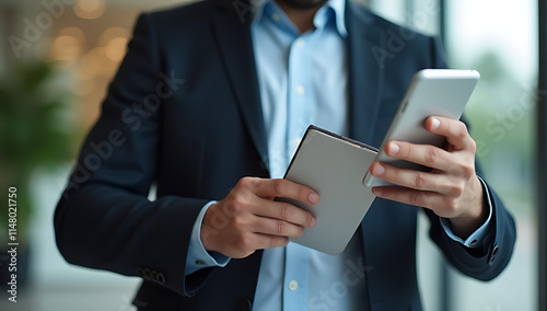 A businessman uses his phone to fill out a digital form while taking an assessment and completing an online questionnaire._00001_ photo