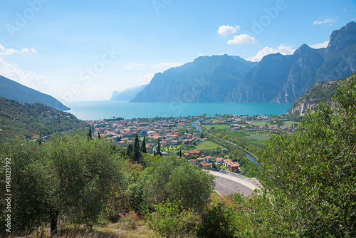 view of Torbole tourist resort and lake gardasee from viewpoint above photo