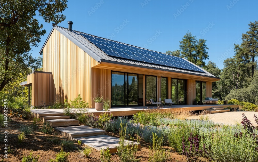 A Scandinavian-style home with light wood siding, solar panels, and bright summer sunshine highlighting its modern design A Scandinavian-style home with light wood siding, solar panels, and bright summer sunshine highlighting its modern design
