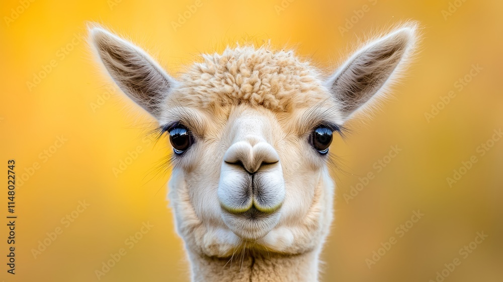 A close up of an alpaca's face with a yellow background A close up of an alpaca's face with a yellow background