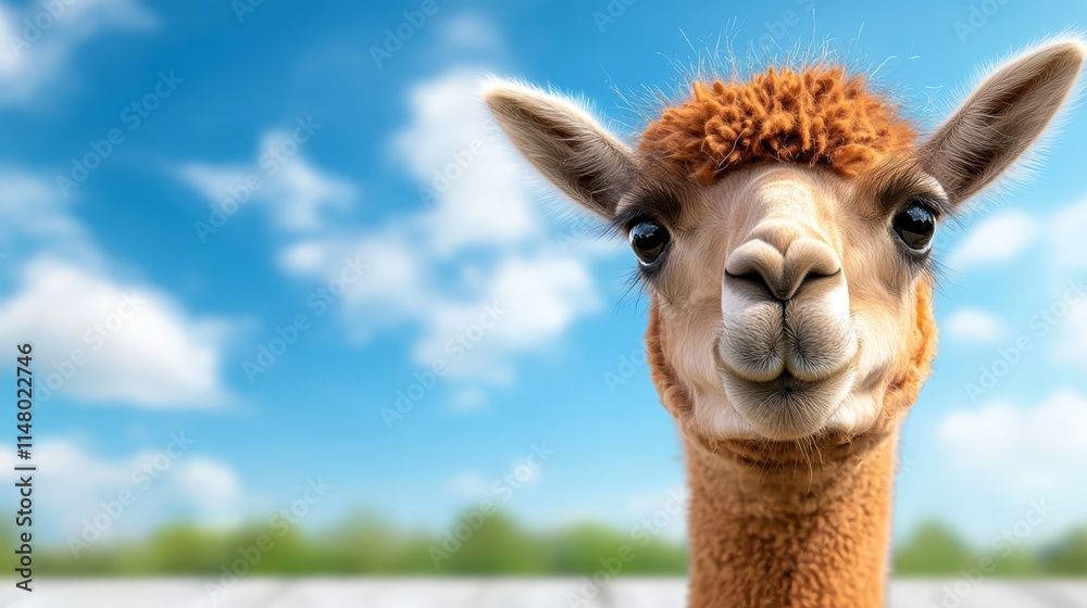 Obraz premium A close up of an alpaca's face with a blue sky in the background