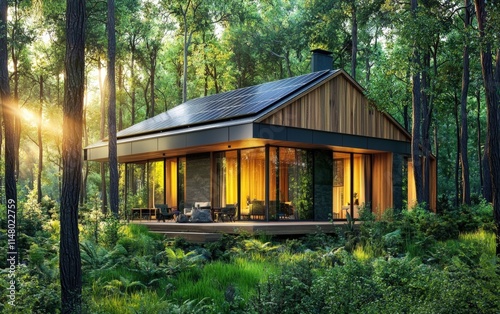 A modern eco-home with solar panels on the roof, nestled in a dense forest with tall trees and dappled sunlight photo