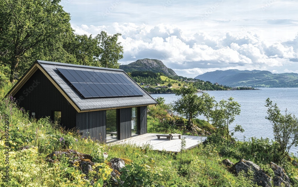A minimalist Scandinavian house with solar panels, a sloped roof, and surrounded by fresh greenery in spring A minimalist Scandinavian house with solar panels, a sloped roof, and surrounded by fresh greenery in spring