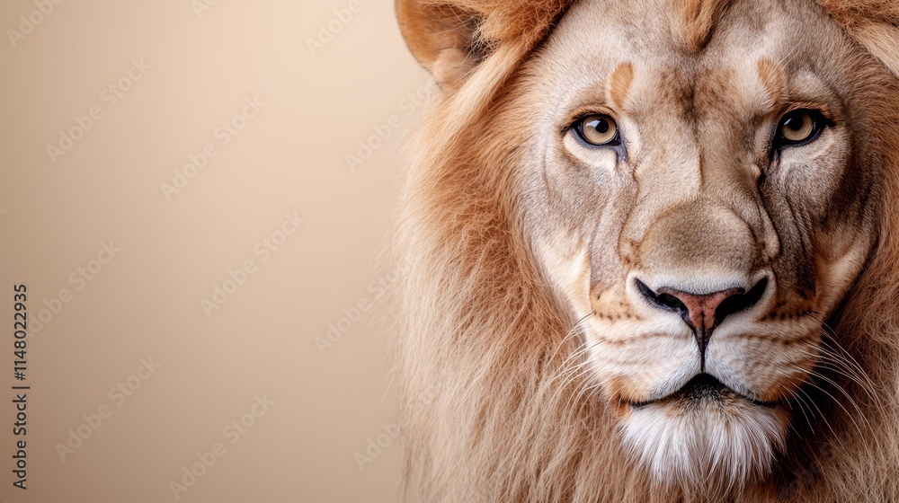 Fototapeta premium A close up of a lion's face on a beige background