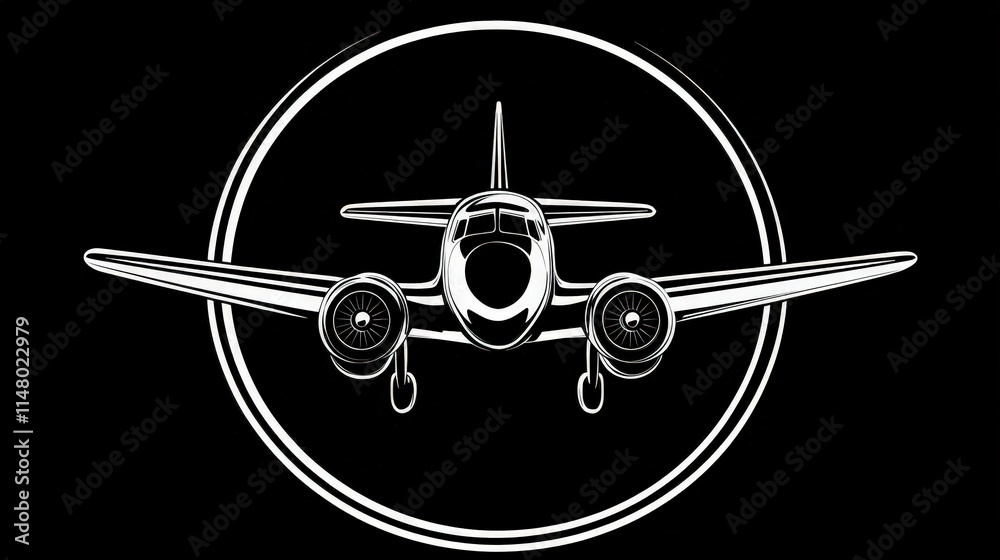 A stylized illustration of an airplane viewed head-on, with two propellers and a circular background. The design is sleek and symmetrical, emphasizing the aircraft's structure and aerodynamics. A stylized illustration of an airplane viewed head-on, with two propellers and a circular background. The design is sleek and symmetrical, emphasizing the aircraft's structure and aerodynamics.