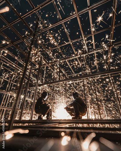 welders working on metal framework, sparks flying, industrial setting photo