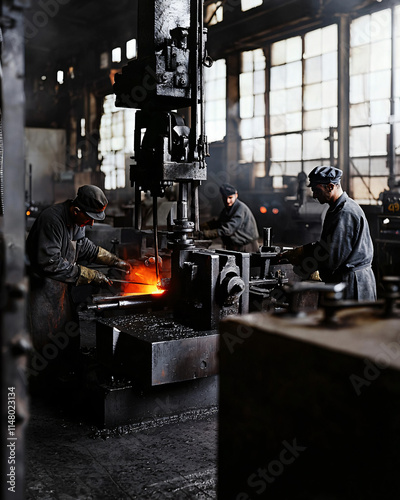 metalworkers operating forge press, factory environment photo