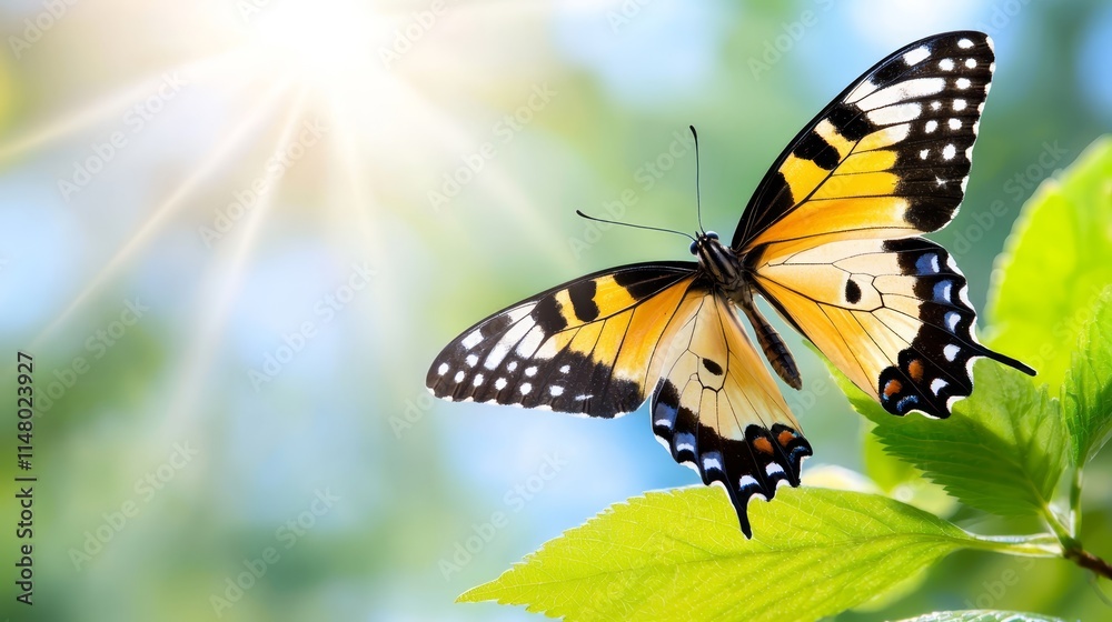 Obraz premium A yellow and black butterfly sitting on a green leaf