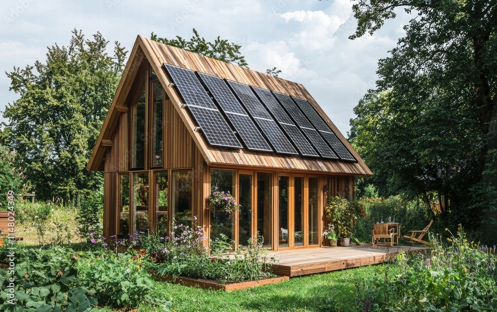 A compact Scandinavian-style home with a pitched roof, wooden facade, and integrated solar panels A compact Scandinavian-style home with a pitched roof, wooden facade, and integrated solar panels