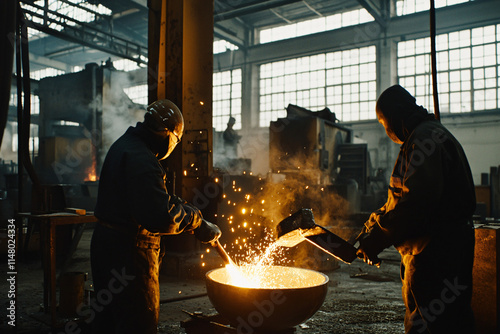 foundry workers pouring molten metal, intense heat visible, industrial backdrop photo