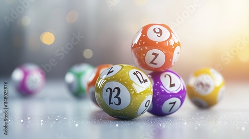 3D Colorful Lottery Balls with Numbers on White Background: Bright and Detailed Focus. AI generated illustration