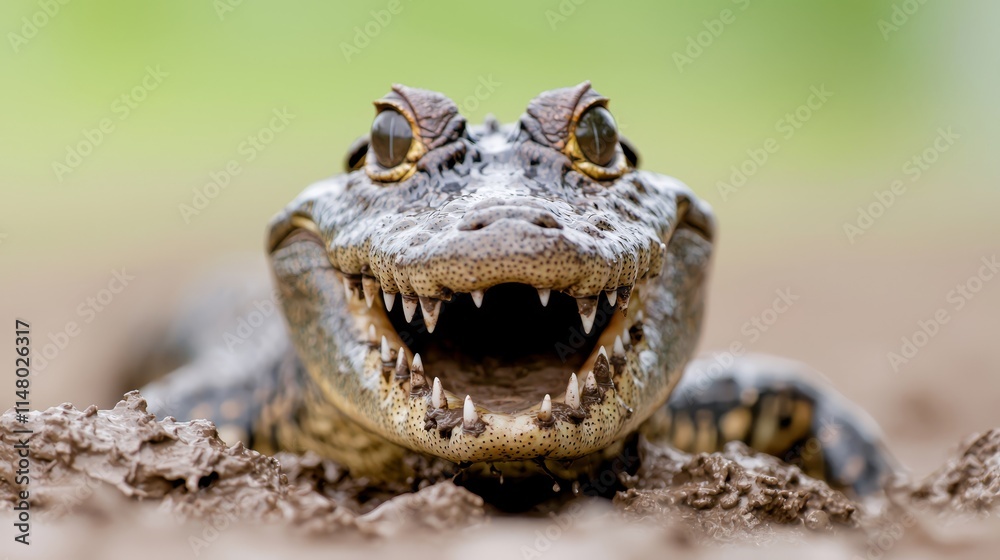 Obraz premium A close up of an alligator with its mouth open in the mud