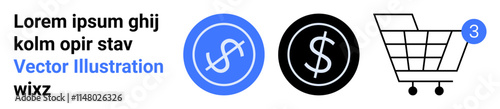 Two currency symbols, one blue, one black, and a shopping cart with a notification. Ideal for e-commerce, finance, online shopping, payment systems, digital marketing, business landing page