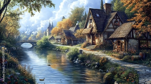 Fototapeta Naklejka Na Ścianę i Meble -  A tranquil river meandering past a small village with thatched roofs and cobblestone streets