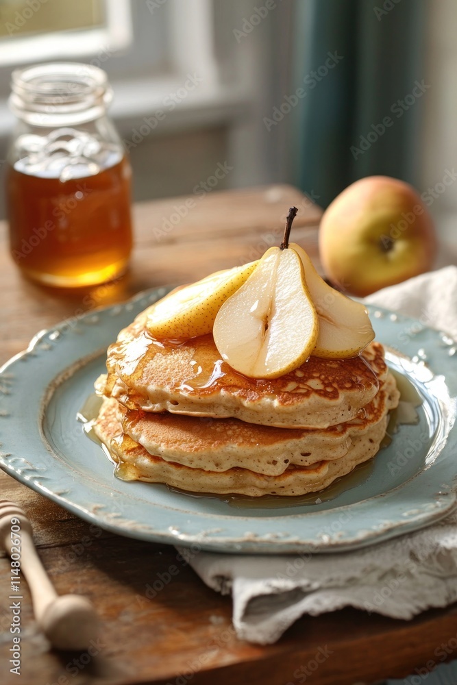 Stacked pancakes topped with pear slices and honey, wooden table. Stacked pancakes topped with pear slices and honey, wooden table.