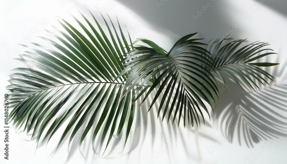 Obraz premium Palm tree isolated on white. Tropical palm leaf shadows, isolated on white background