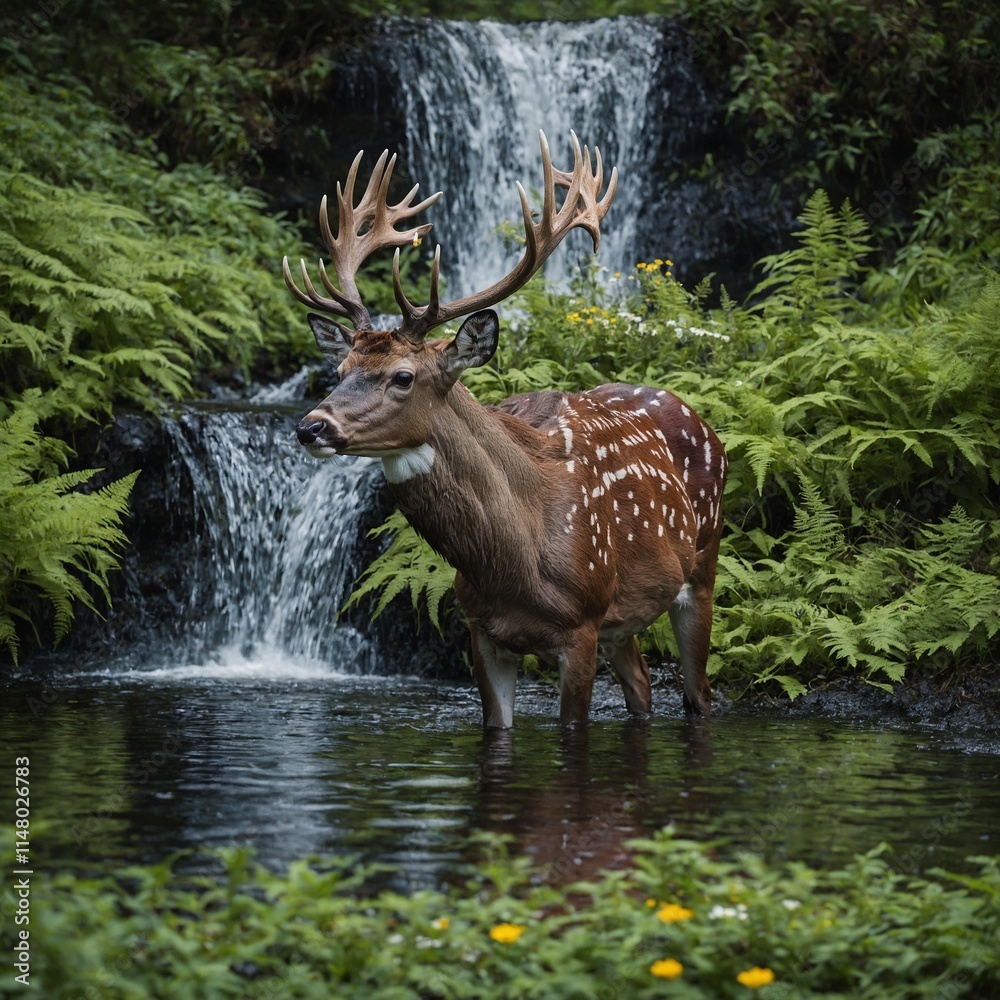 Fototapeta premium A rainbow-patterned buck drinking from a waterfall pool, surrounded by ferns and wildflowers.