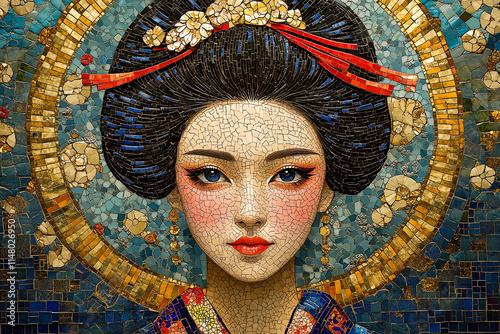 Geisha in Byzantine mosaic style with floral background