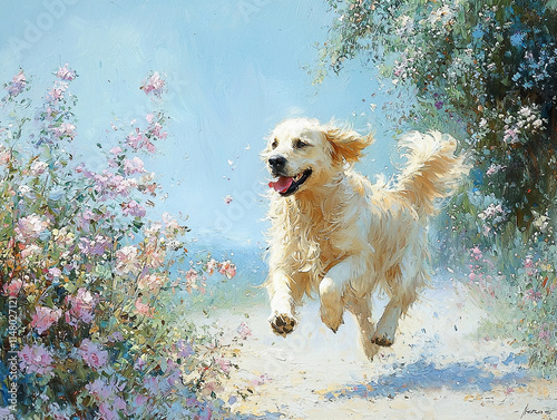 Golden retriever running joyfully in a floral garden on a sunny day