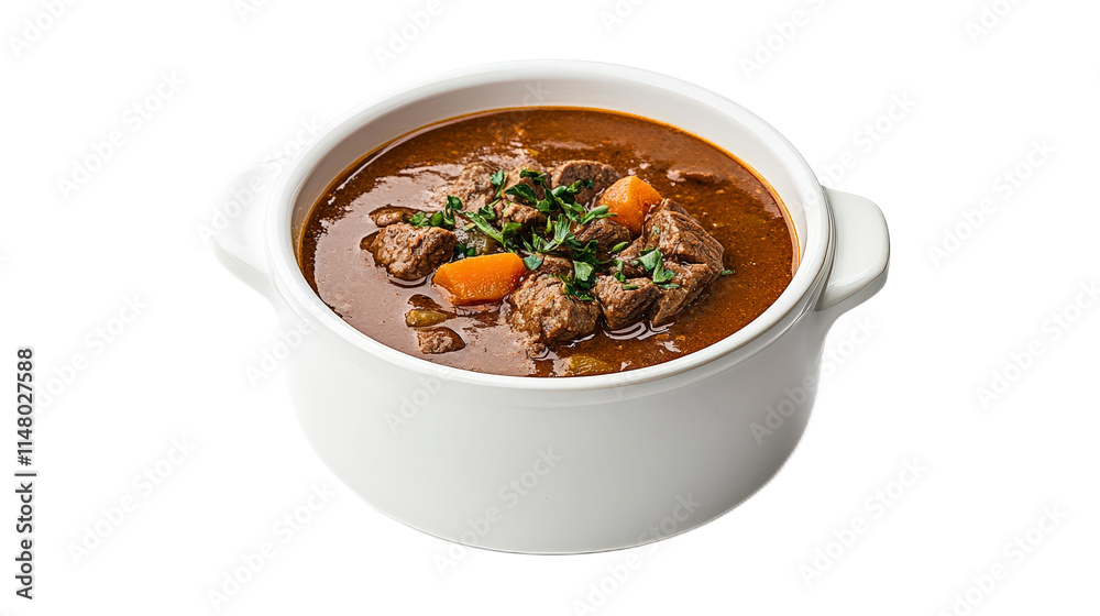 Savory Beef Stew with Carrots and Herbs in White Serving Dish Savory Beef Stew with Carrots and Herbs in White Serving Dish