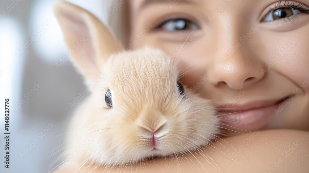 A woman holding a small white rabbit in her arms A woman holding a small white rabbit in her arms