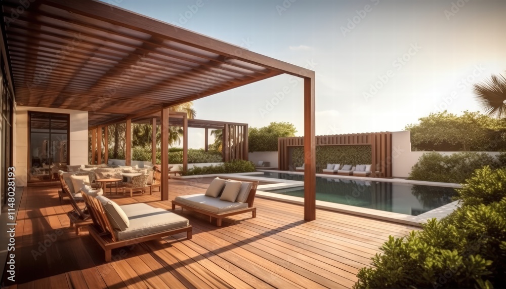 Luxurious Outdoor Garden Space with Dazzling Swimming Pool and Wooden Decking in Sunlit Setting Luxurious Outdoor Garden Space with Dazzling Swimming Pool and Wooden Decking in Sunlit Setting