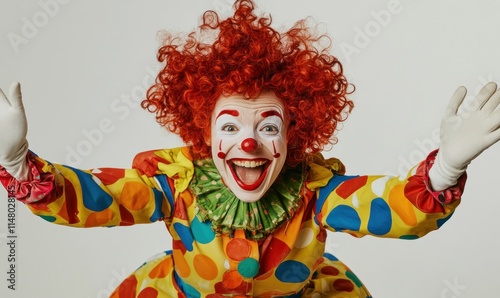 Happy clown with red wig, colorful suit, white gloves.