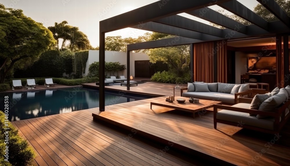 Cozy and Inviting Outdoor Garden Space Featuring Sunlit Pool, Modern Lounge Area, and Lush Greenery in a Serene Setting Cozy and Inviting Outdoor Garden Space Featuring Sunlit Pool, Modern Lounge Area, and Lush Greenery in a Serene Setting