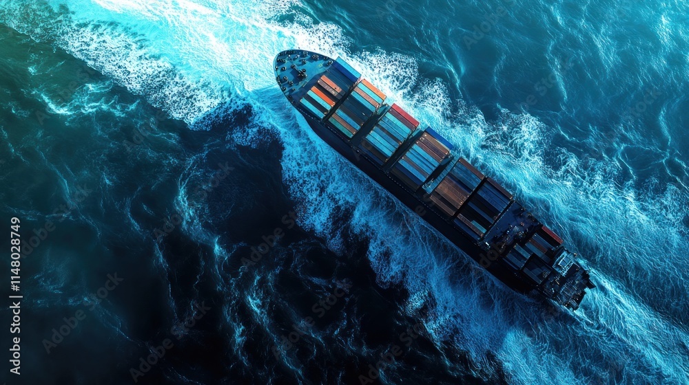 Container ship travels across a turbulent, deep blue ocean. Container ship travels across a turbulent, deep blue ocean.