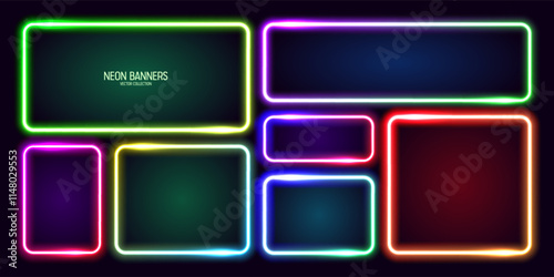 Colorful glowing neon banners, illuminated square frames. Shiny vibrant border, glow effect. Purple vintage retro lights, night illumination. Modern futuristic UI design elements. Vector illustration