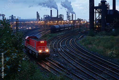 freight train approaching metallurgical plant, heavy machinery visible photo