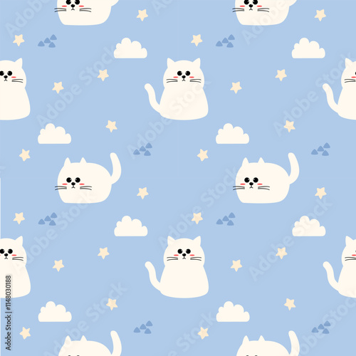 White cat cartoon so cute. On cloud star blue background. Pattern seamless vector illustration. 