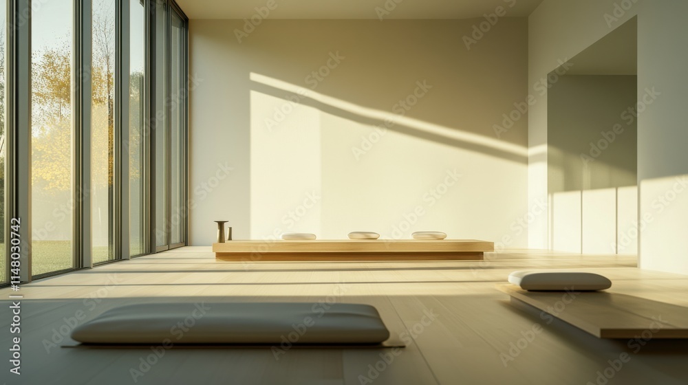 Fototapeta premium Minimalist modern meditation space with clean, serene design. Featuring neutral tones and sleek furnishings