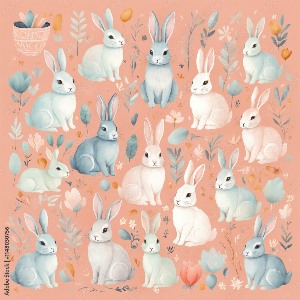 Obraz premium Charming rabbit pattern on peach background, playful design for festive occasions, copy space